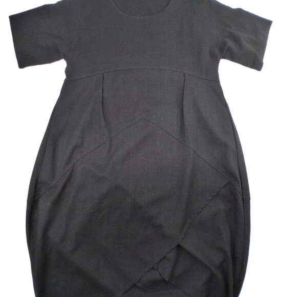 Black Linen Blend  Dress Barrel Tulip Skirt Short Sleeve Scoop Neck Pockets SZ M - Picture 8 of 13